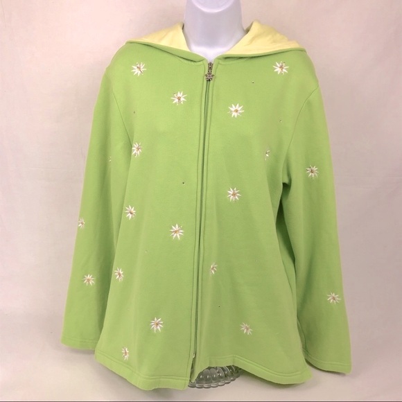 Quacker Factory Swing Jacket Green Embroidered Daisy Size Medium - Picture 1 of 6